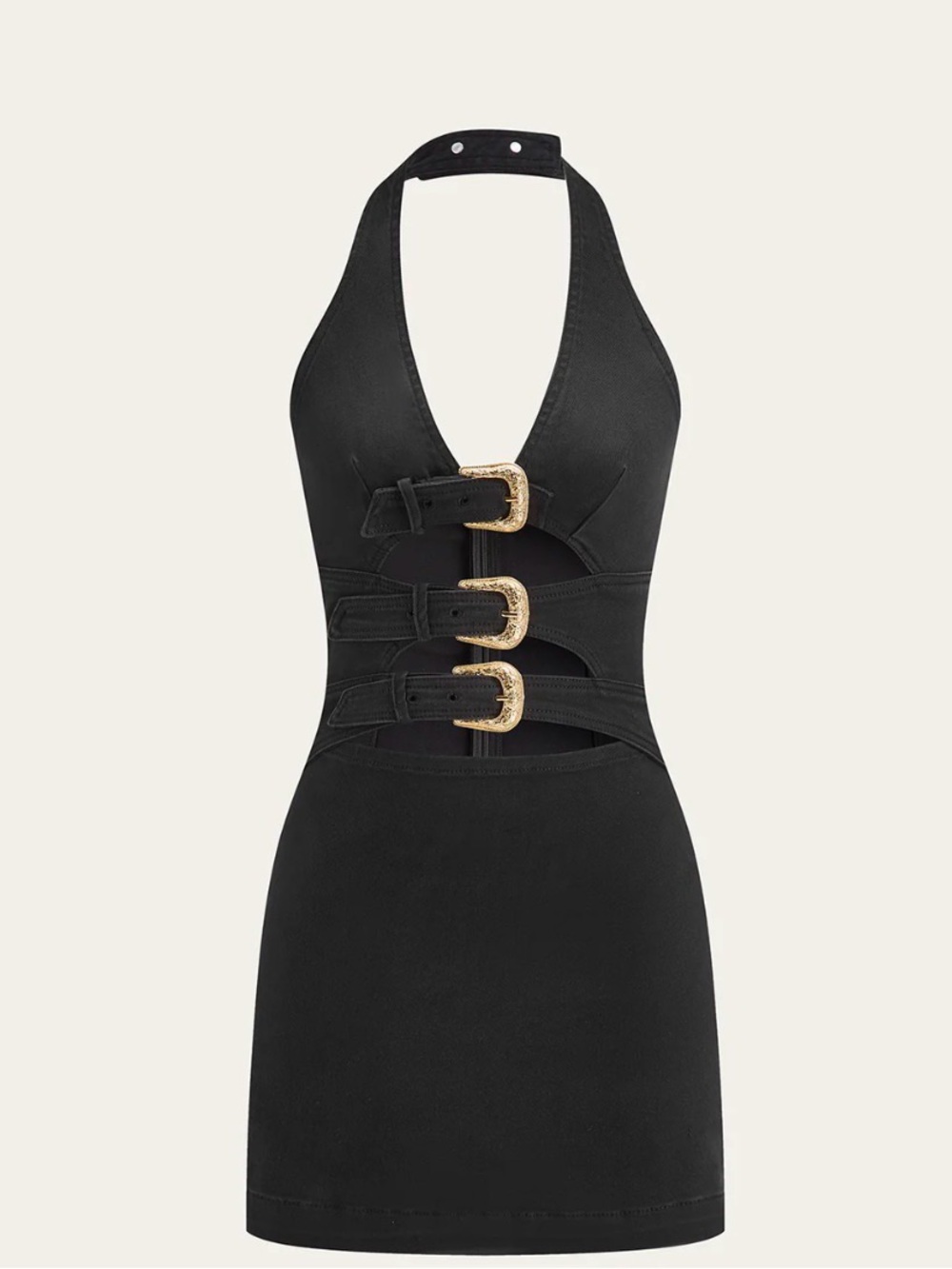 Black Denim Halter Dress with Gold Buckles